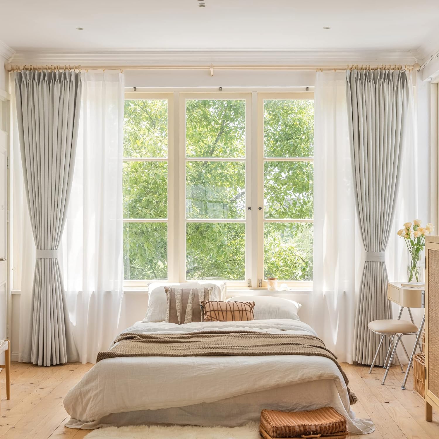 HUTO Cortina plisada opaca completa con alzapaños, cortina de lino sintético extra ancha para patio, dormitorio, sala de estar, abedul blanco, 84