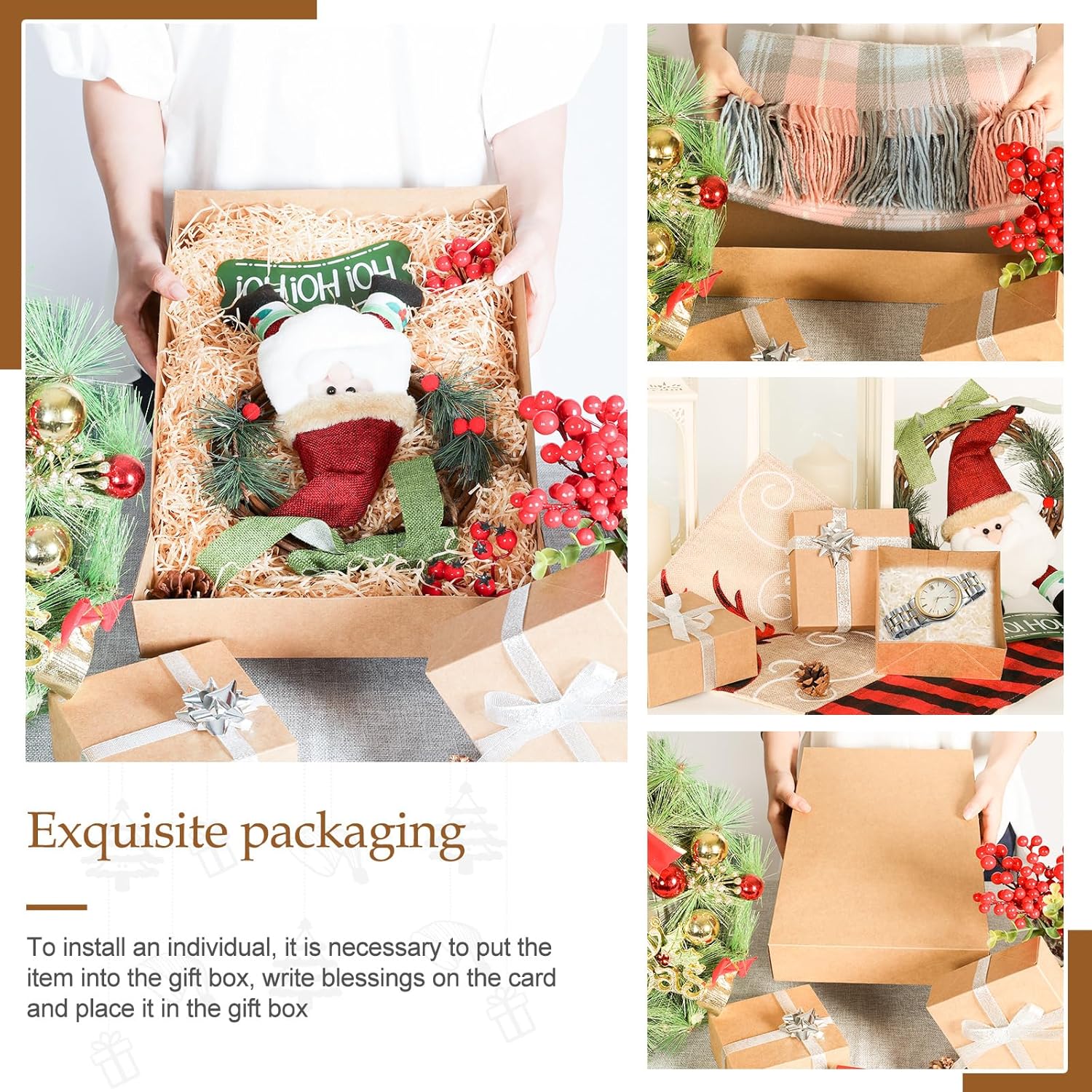 joyhalo Paquete de 24 cajas de regalo con tapas para regalos, cajas de regalo de Navidad de papel kraft de varios tamaños a granel para ropa,