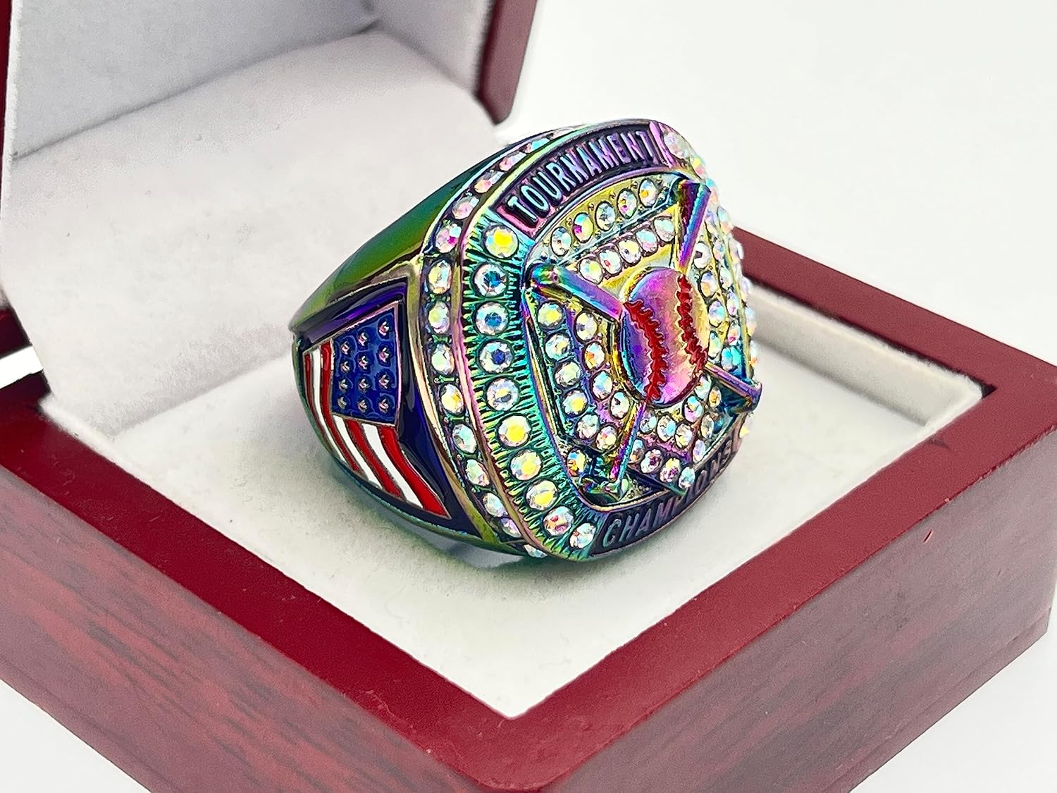 Anillos deportivos de descuento ANILLO CAMPEÓN DE PLACA DE CASA  CUERPO DE ARCO IRIS, PIEDRA PRISMÁTICA, ARCO IRIS PINTURA Anillo de béisbol de