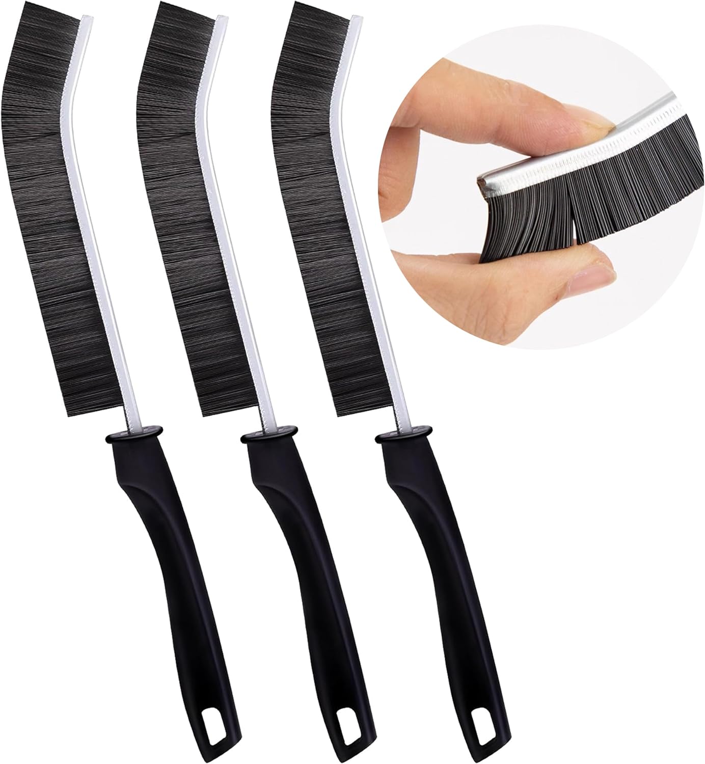 UNBLA Cepillo de limpieza de hendiduras de cerdas duras negras, juego de 3 piezas, ideal para baño, cocina, azulejos, limpieza profunda, riel de