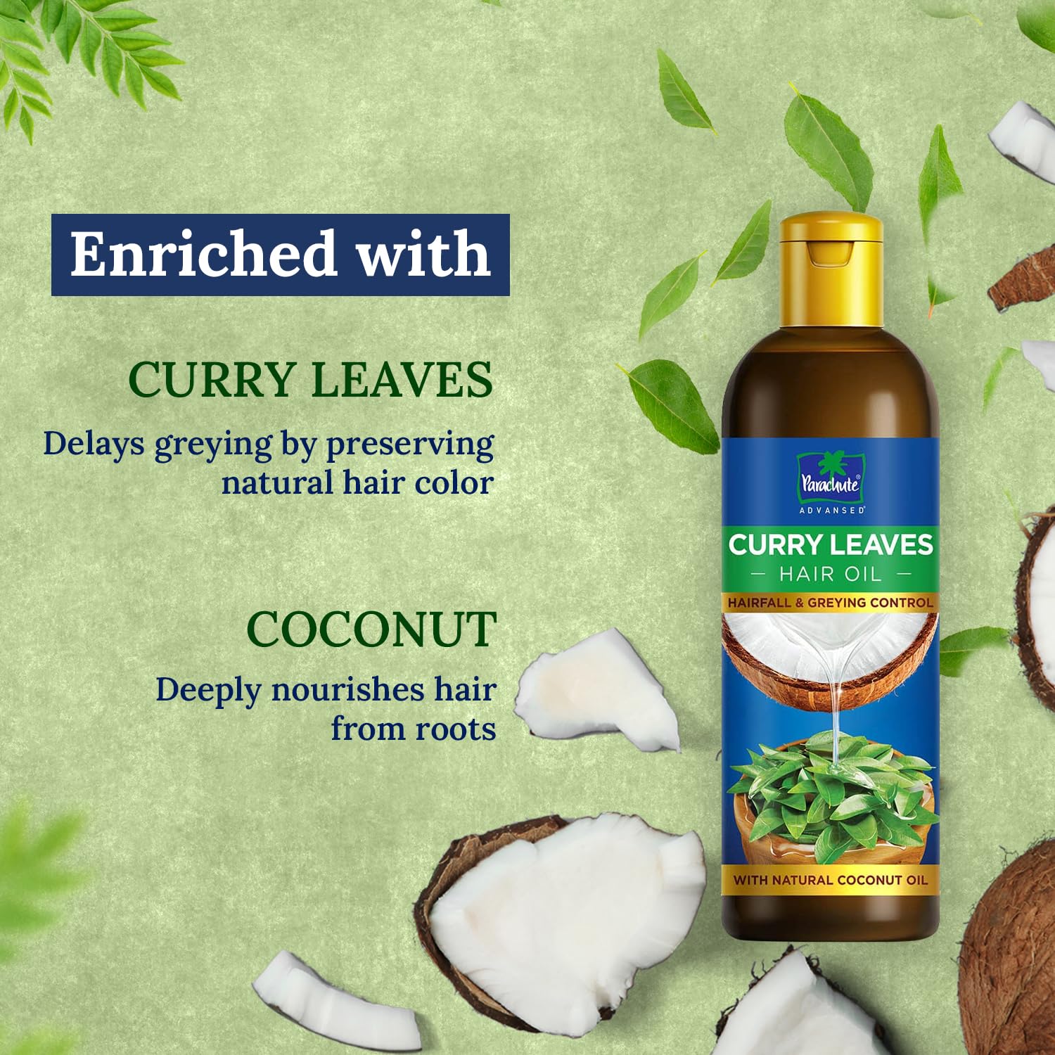 Parachute Advansed Aceite para el cabello con hojas de curry con aceite de coco natural y vitamina E, reduce la caída del cabello y retrasa el