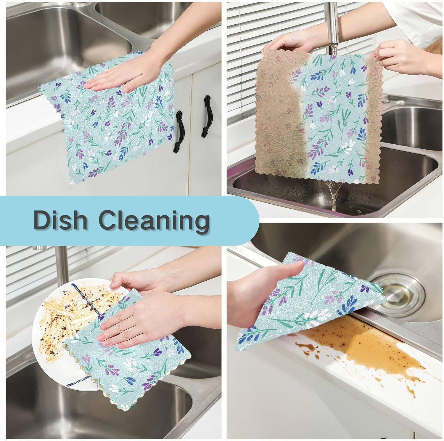 Juego de 6 paños de cocina y paños de cocina con estampado suave de flores de verano de lavanda morado, secado rápido, para restaurante y café