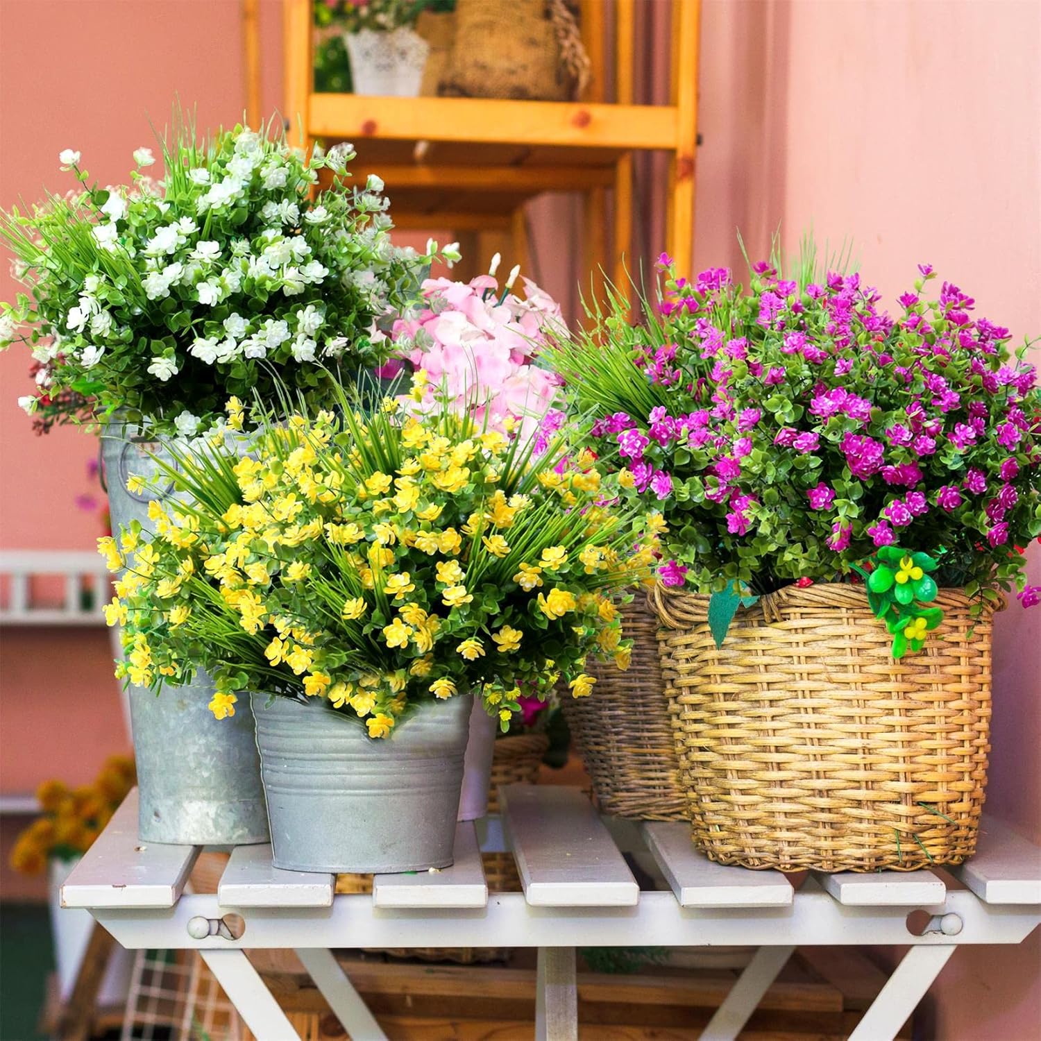 14 piezas de flores artificiales para exteriores, resistentes a los rayos UV, plantas de plástico falsas para colgar en interiores y exteriores,