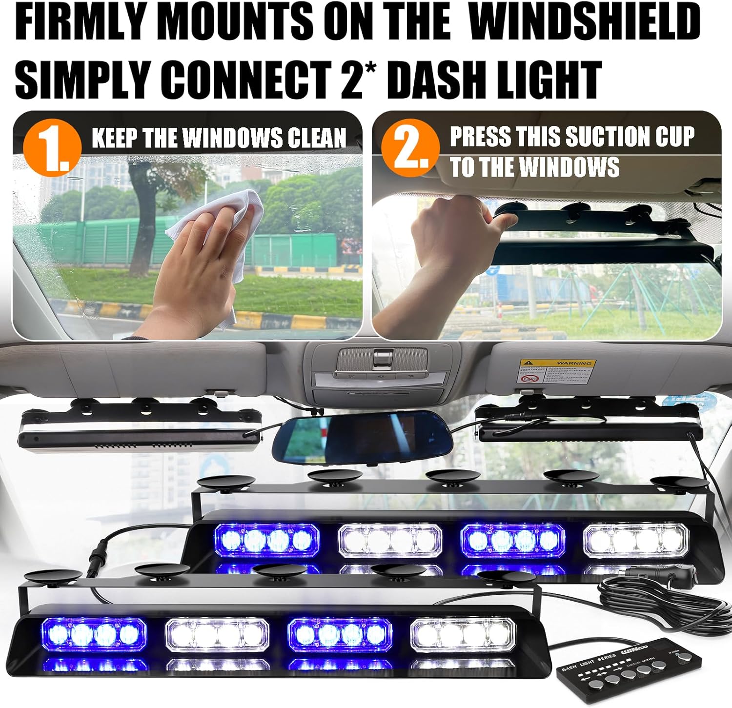 Luces de policía estroboscópicas de emergencia azul y blanco, peligro de advertencia intermitente de seguridad interior para parabrisas
