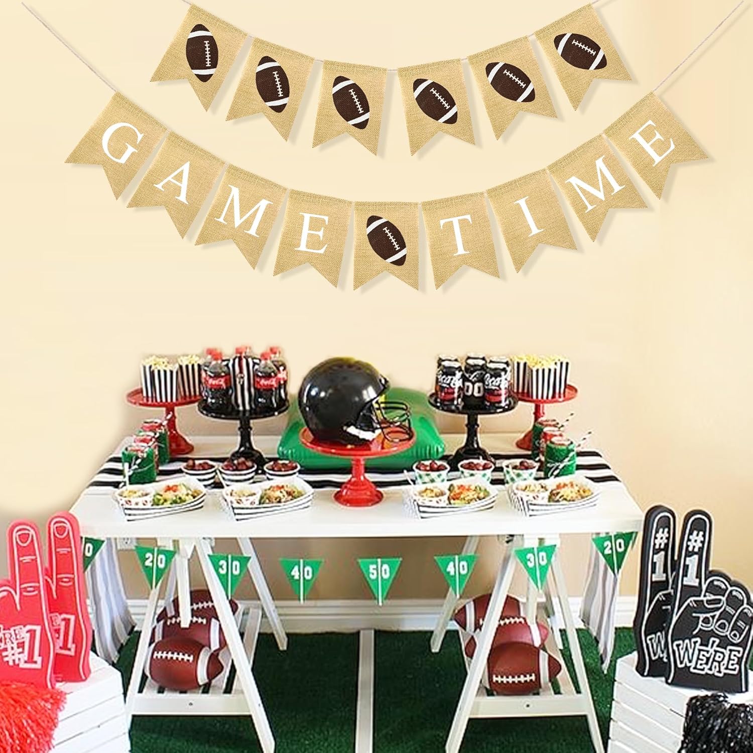 2 unidades de arpillera para juegos de fútbol, guirnalda de banderines de fútbol, pancarta temática de fiesta de fútbol rústico, decoración de