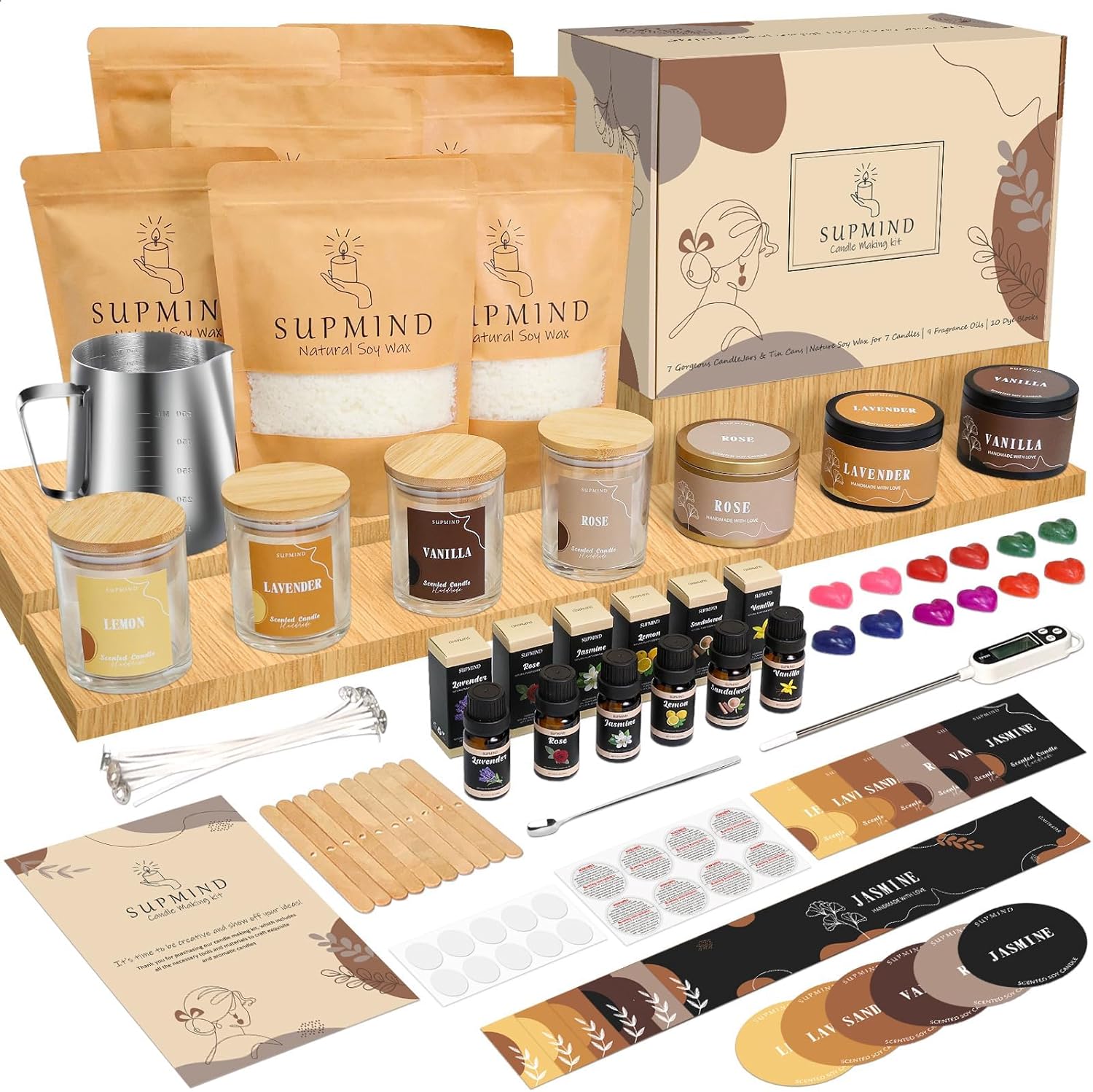 SUPMIND Kit de fabricación de velas prémium para adultos, suministros para hacer velas con cera de soja, tarros grandes de 7 onzas y latas, 6 aromas