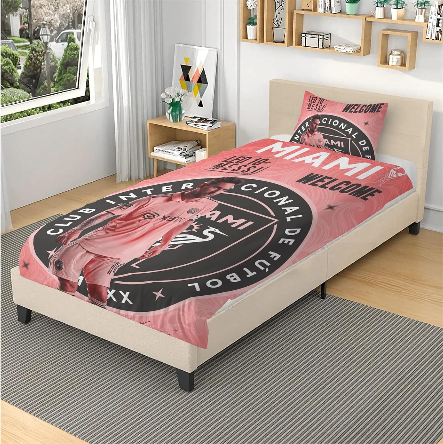 Miami – Juego de ropa de cama de fútbol, juego de funda de edredón de fútbol rosa, juego de ropa de cama de fútbol de microfibra suave, 3 piezas,
