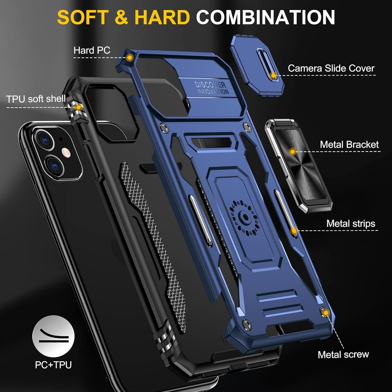Funda para iPhone 11 con 2 protectores de pantalla de vidrio, funda con función atril para iPhone 11 con cubierta deslizante para cámara y soporte