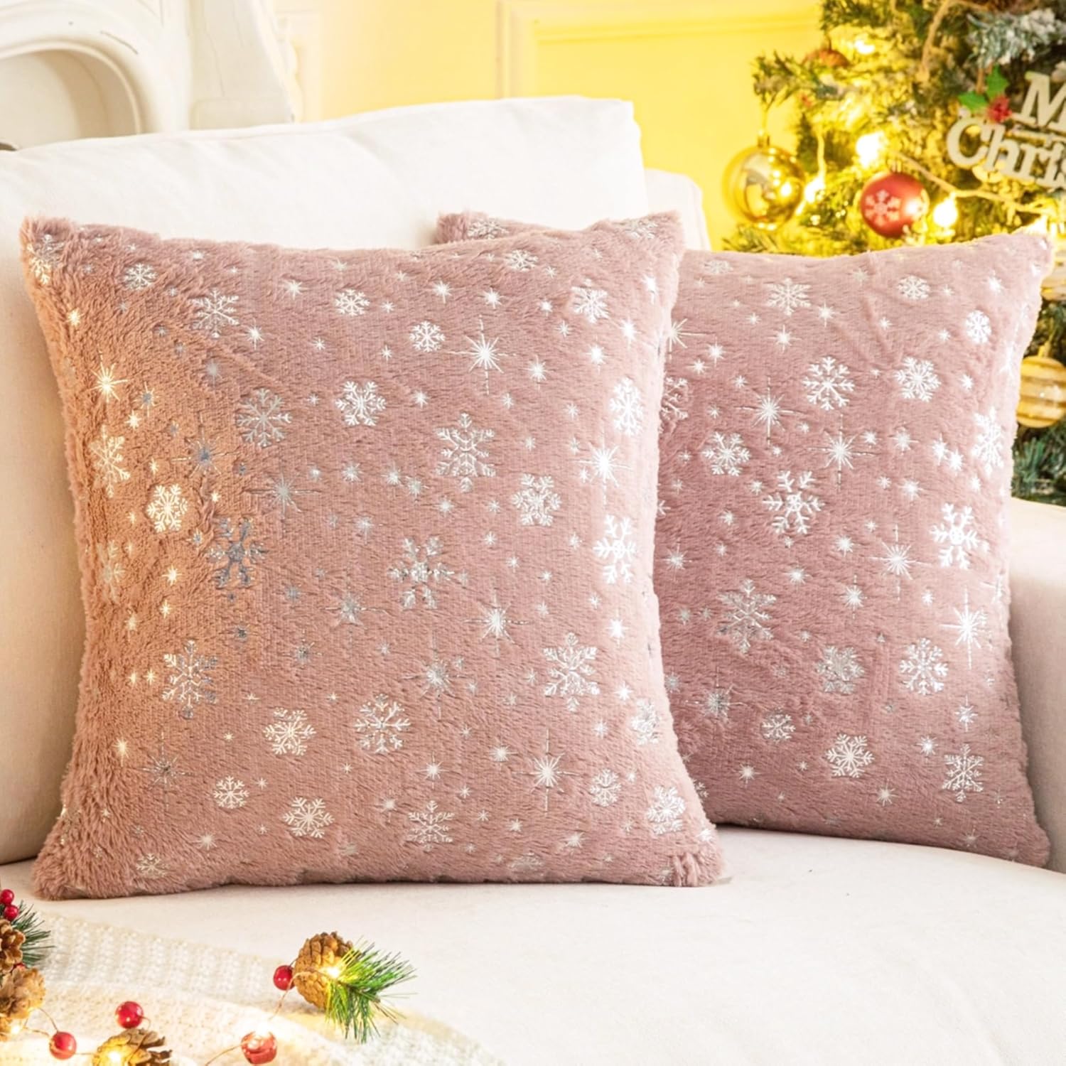 AQOTHES Fundas de almohada decorativas de piel sintética suave con purpurina de copo de nieve para decoración de Navidad, hogar, cama, habitación,