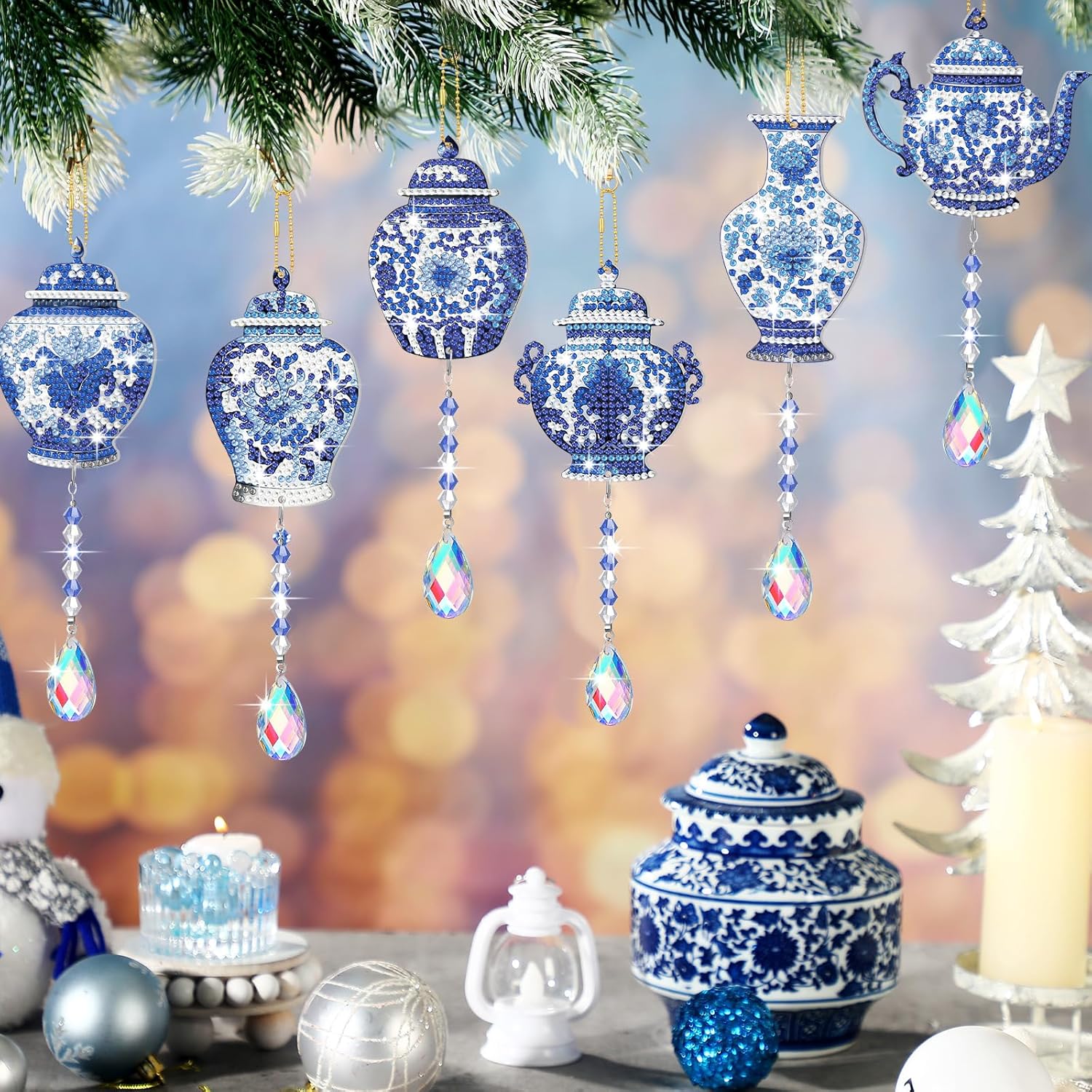 Juego de 6 campanillas de viento de cristal de viento con diseño de diamante 5D con diseño de porcelana, adornos de porcelana azul y blanca de doble