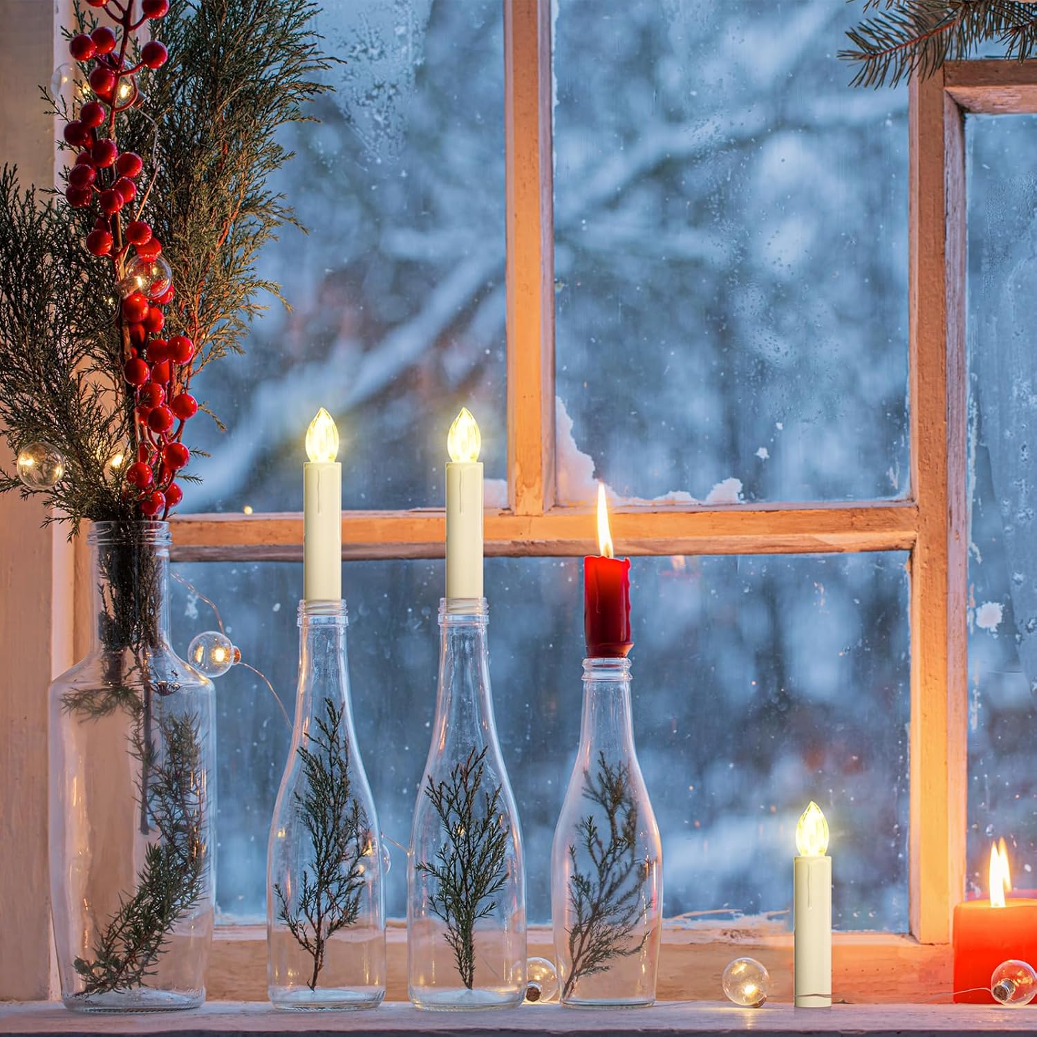10 velas de Navidad para ventana, funciona con pilas, sin llama, con temporizador y clips remotos, luz blanca cálida para decoración de árboles de