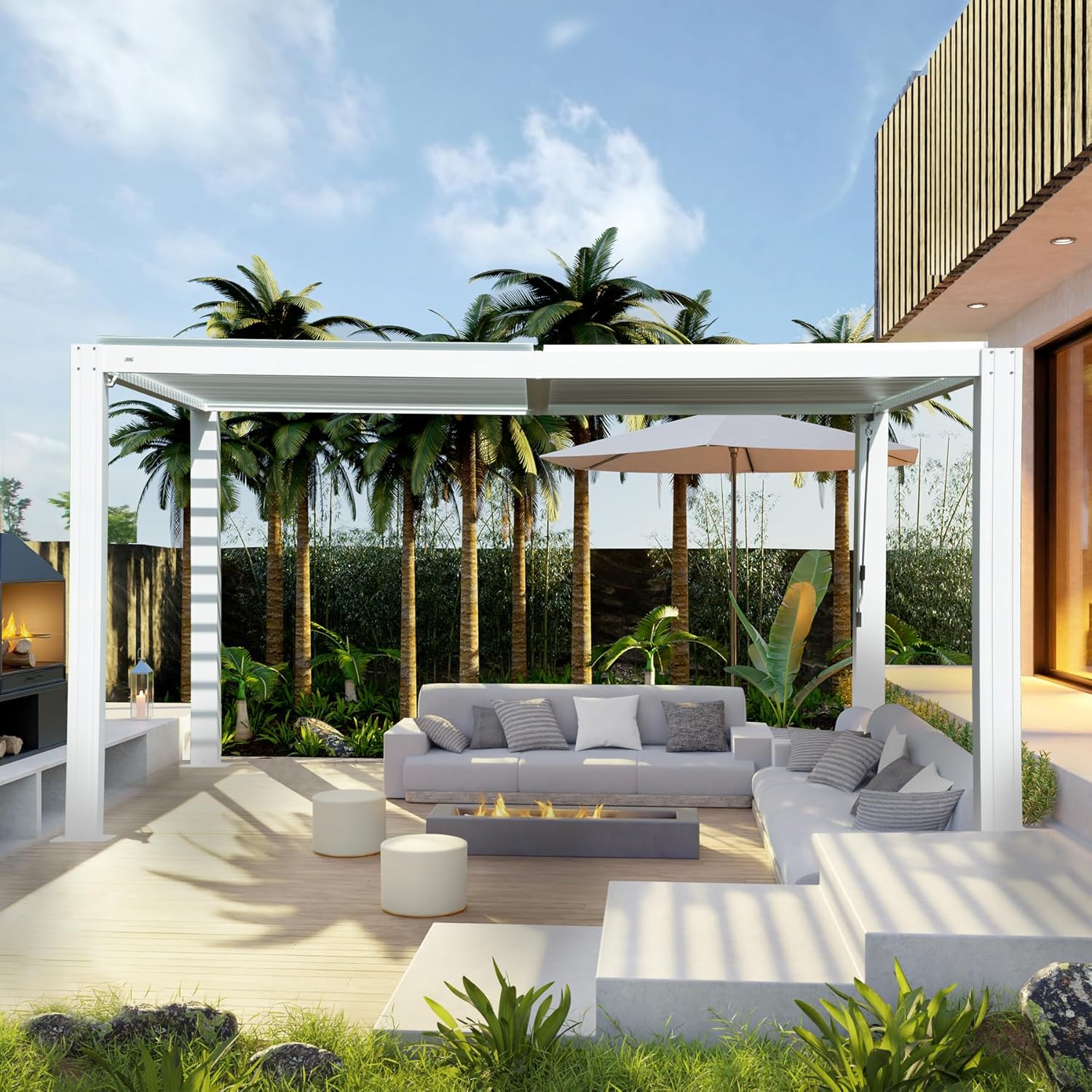 Domi – Pérgola con listones de 12 x 16 pies, pérgola impermeable de aluminio para exteriores, con techo ajustable para patio trasero, jardín y