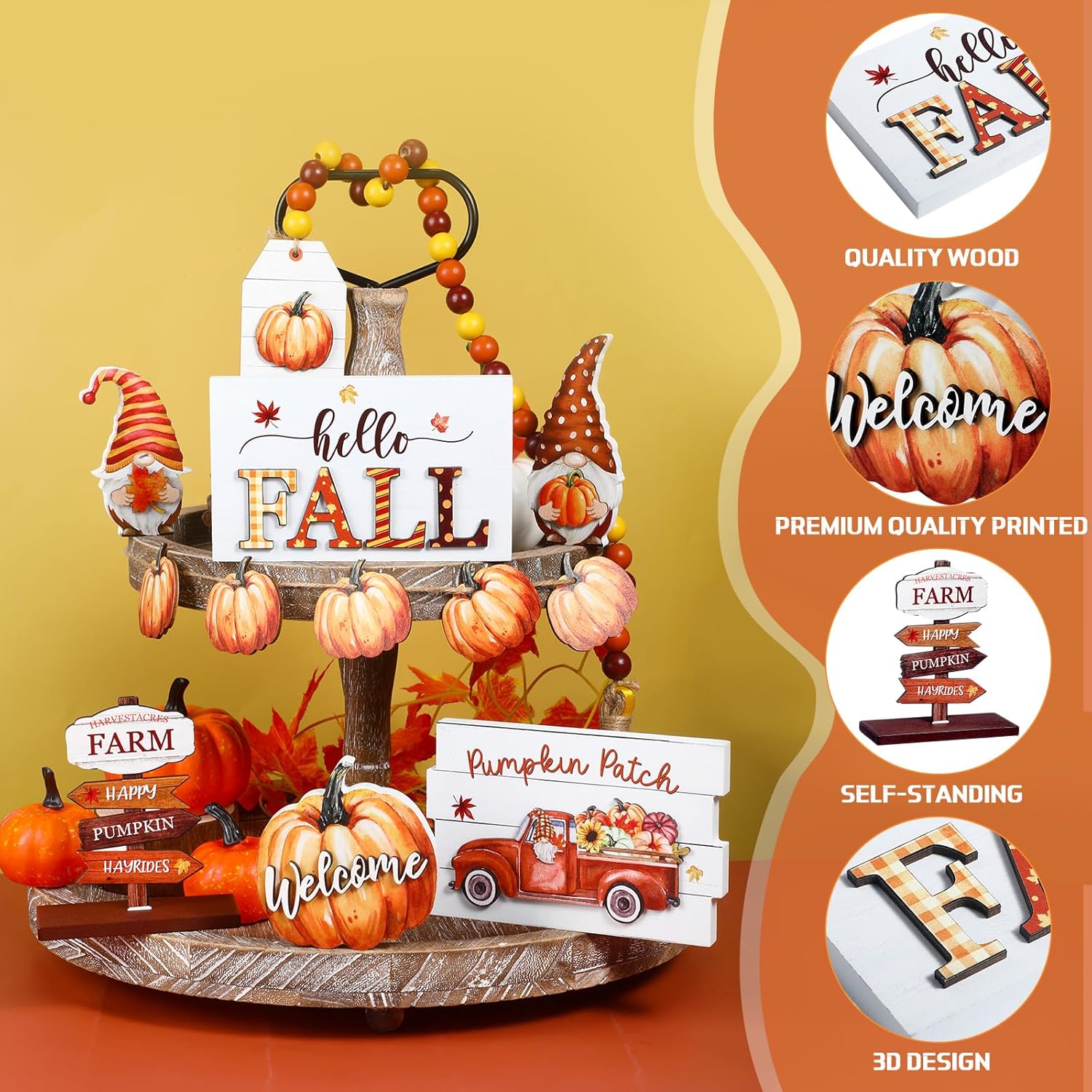 Juego de 12 piezas de decoración de bandejas escalonadas de madera con texto en inglés “Hello Fall Pumpkin Gnomo”, letreros para otoño, vacaciones,