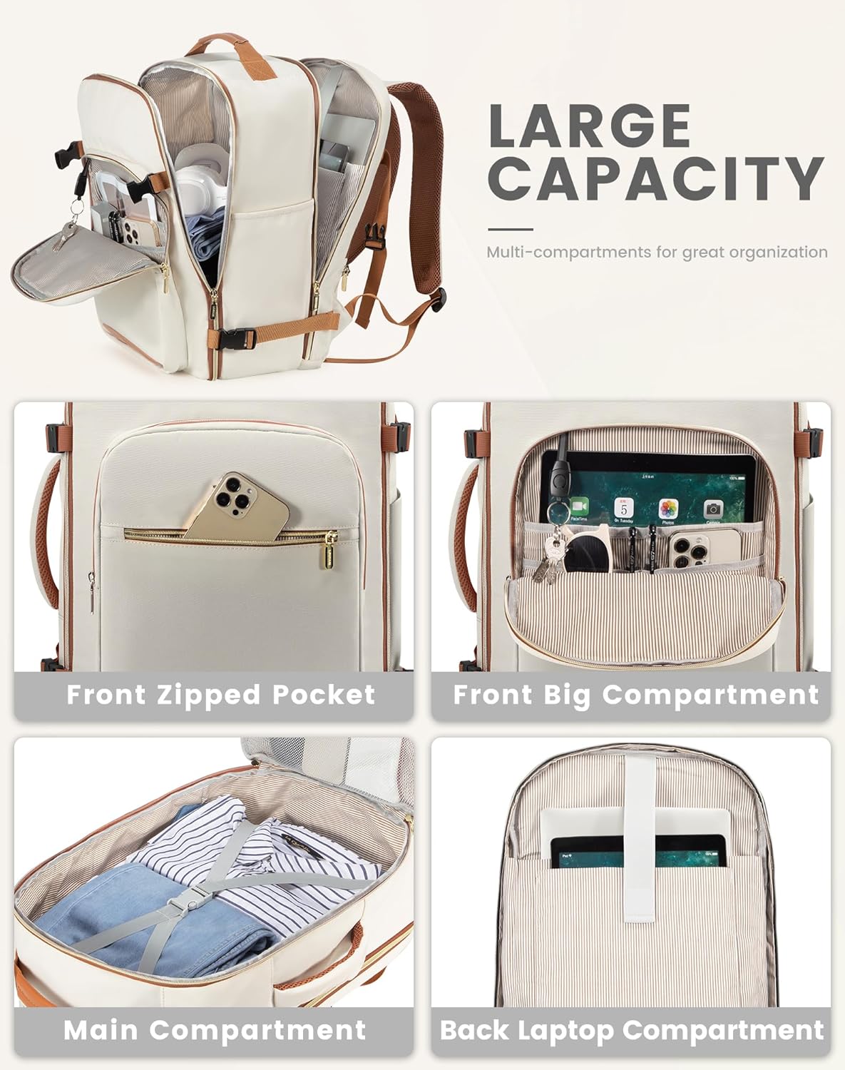 LOVEVOOK Mochila de viaje para mujeres y hombres como artículo personal aprobado por vuelo, equipaje de 40 L, Beige, Mochila de viaje, mochila de