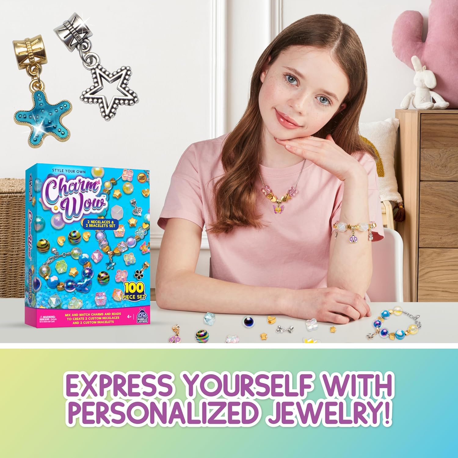 CharmWow – Kit de joyería para niñas de 6 a 8 años + con cuentas brillantes, kit de fabricación de joyas para niñas de 8 a 12 años, regalo para