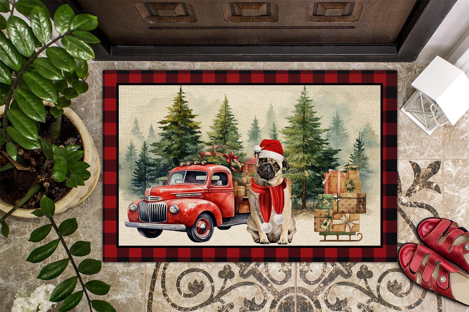 Tapete de bienvenida de perro de Navidad con diseño de pug, tapete de Navidad para invierno, para interiores y exteriores, regalo de inauguración de