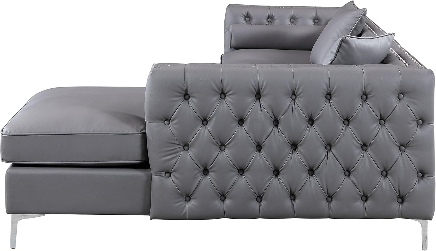 Da Vinci – Sofá seccional de piel sintética gris con ribete plateado y patas en Y de metal plateado