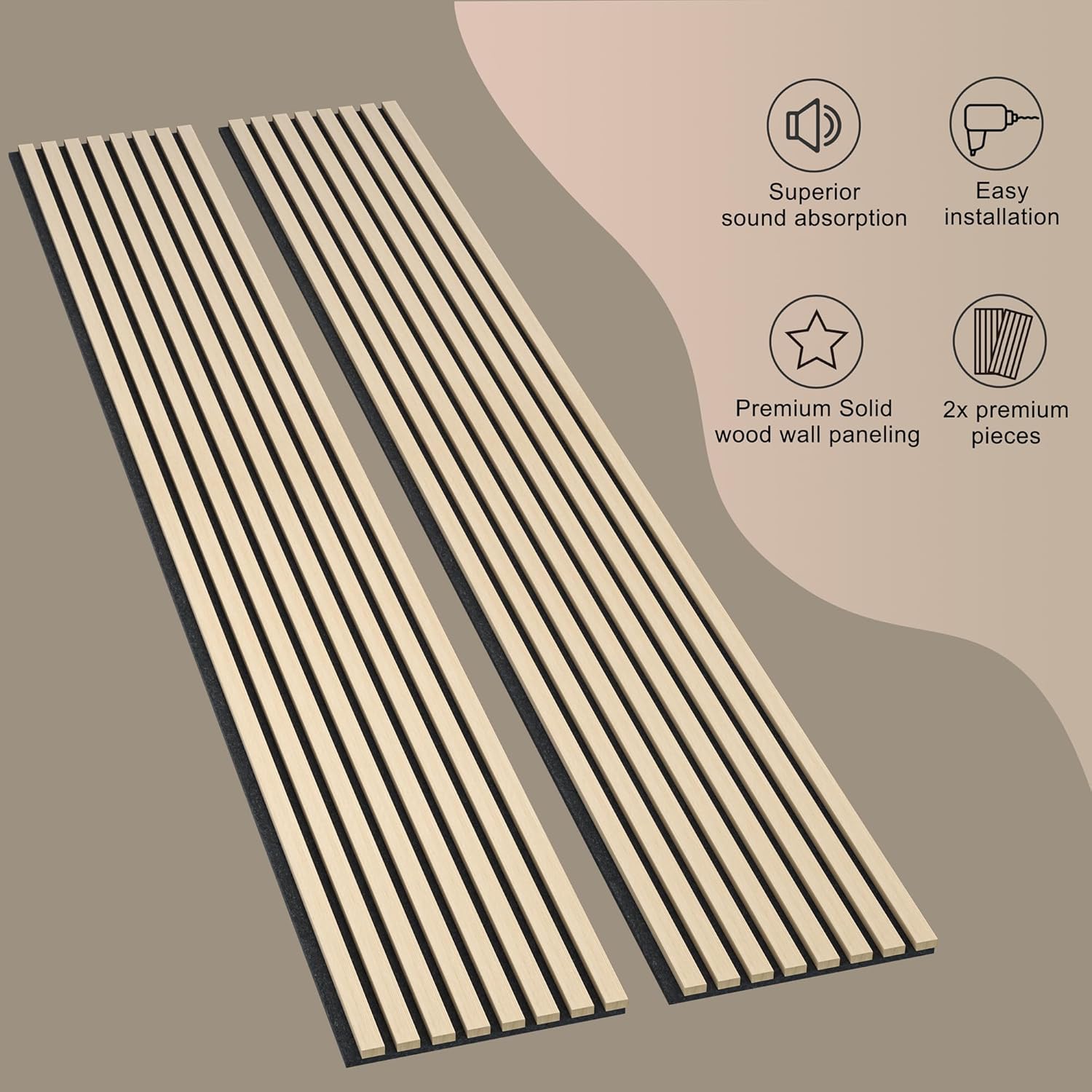 ROOMTEC Paquete de 2 paneles acústicos de pared de madera maciza, paneles de pared insonorizados de 94.49 x 12.6 pulgadas, paneles de pared de