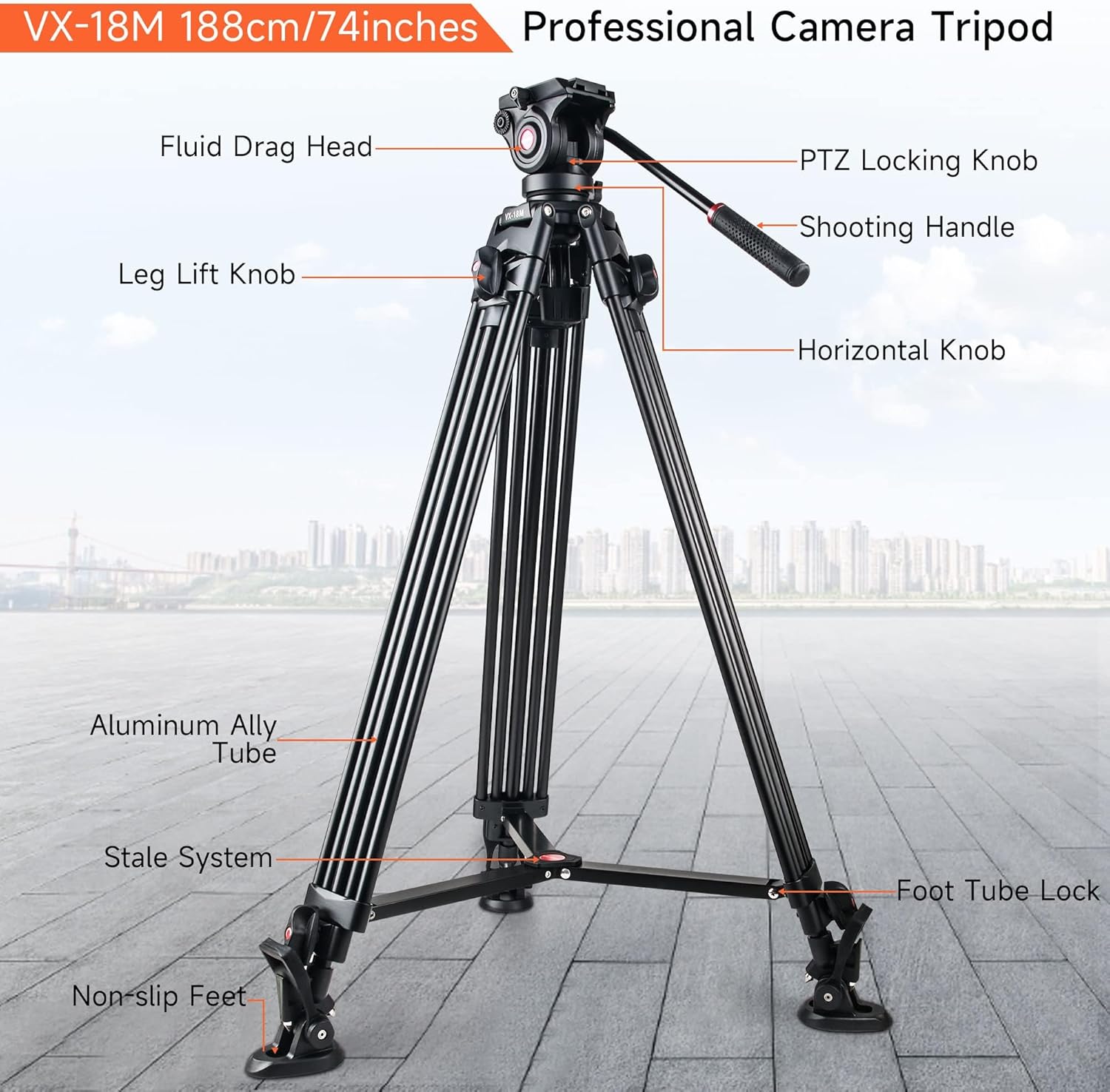 VILTROX Trípode de cámara de video profesional de 74 pulgadas74.0 in con cabezal de arrastre fluido y placa QR, tubo doble de aluminio, para Canon