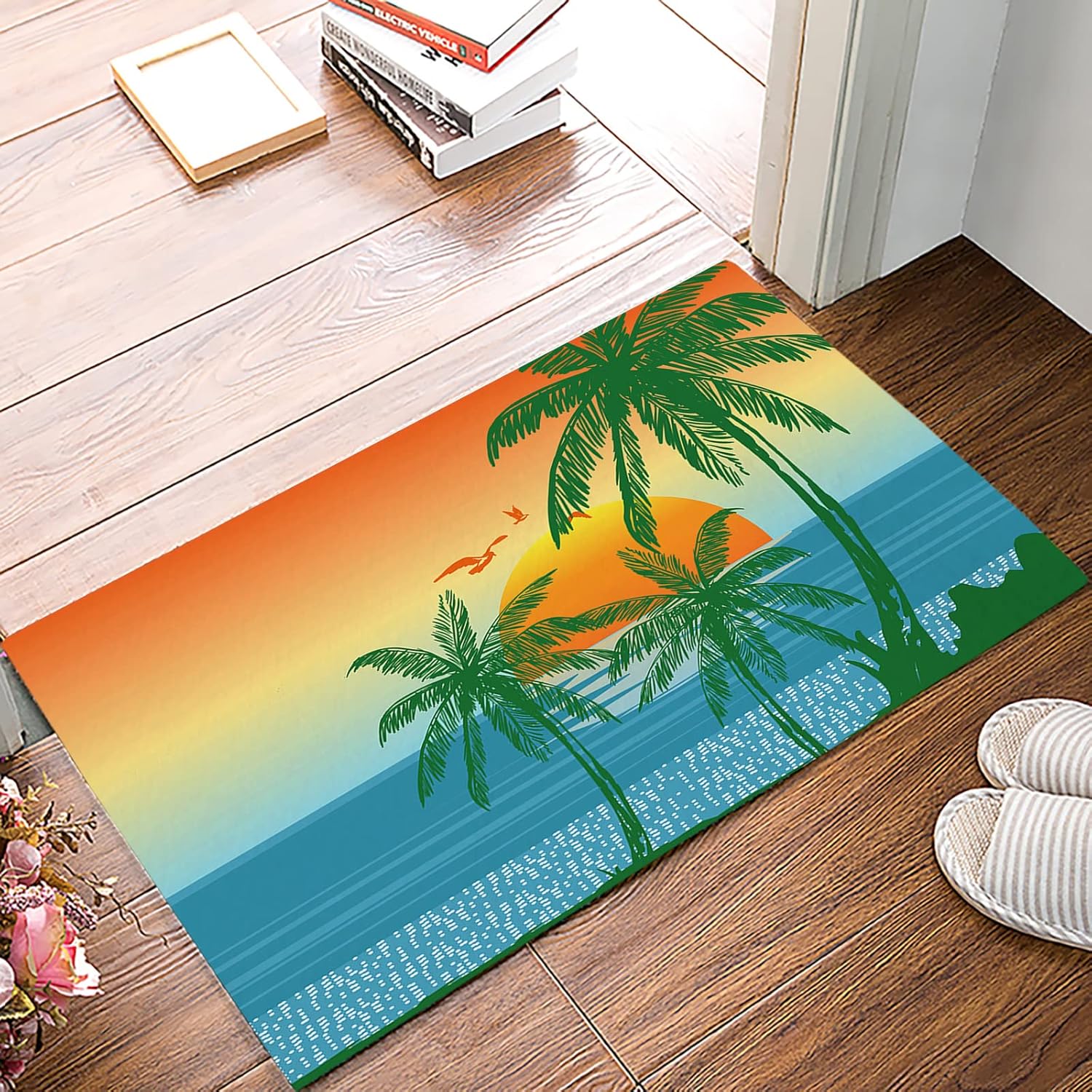 Tapete de entrada interior para decoración del hogar, tapete de árbol de coco para cocina, baño, plantas tropicales de verano, naranja, puesta de
