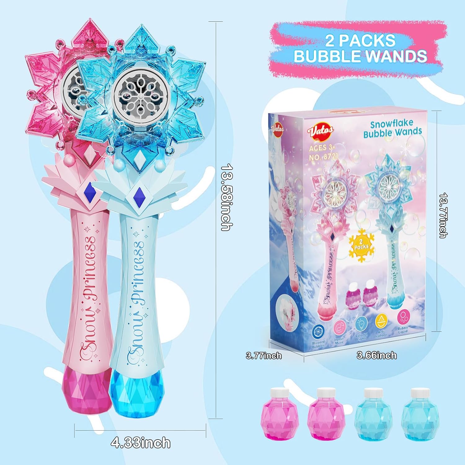VATOS Varitas de burbujas 2 paquetes para niños, máquina sopladora automática de burbujas, luz y música, varita de burbujas de copo de nieve con 2