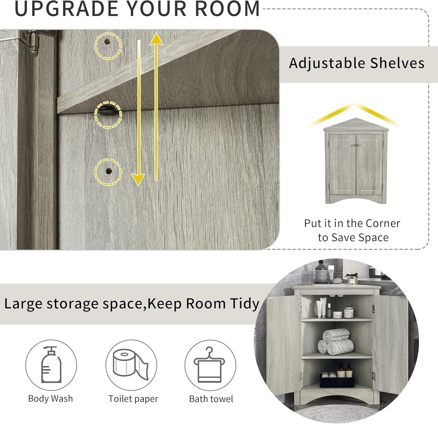 Harper & Bright Designs Armario de almacenamiento esquinero, gabinete de almacenamiento de baño independiente de 31.5 pulgadas con doble puerta y