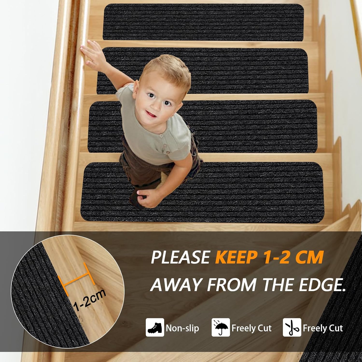 Lacut Alfombra antideslizante para escaleras, 7.8 x 30 pulgadas (paquete de 7), alfombra antideslizante para interiores y exteriores, color negro,