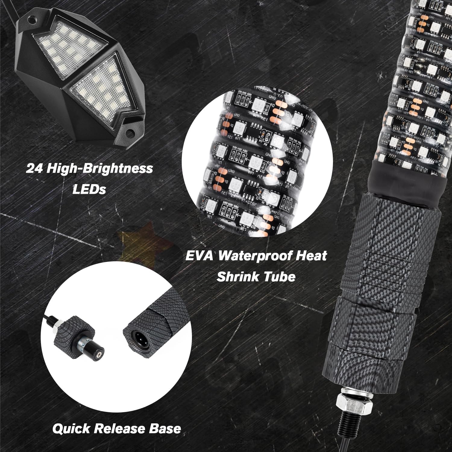 Kit de 2 luces de látigo gordo de 2 pies y 8 cápsulas RGB de luces de roca con Bluetooth y control remoto en espiral de 360  con antena iluminada LED