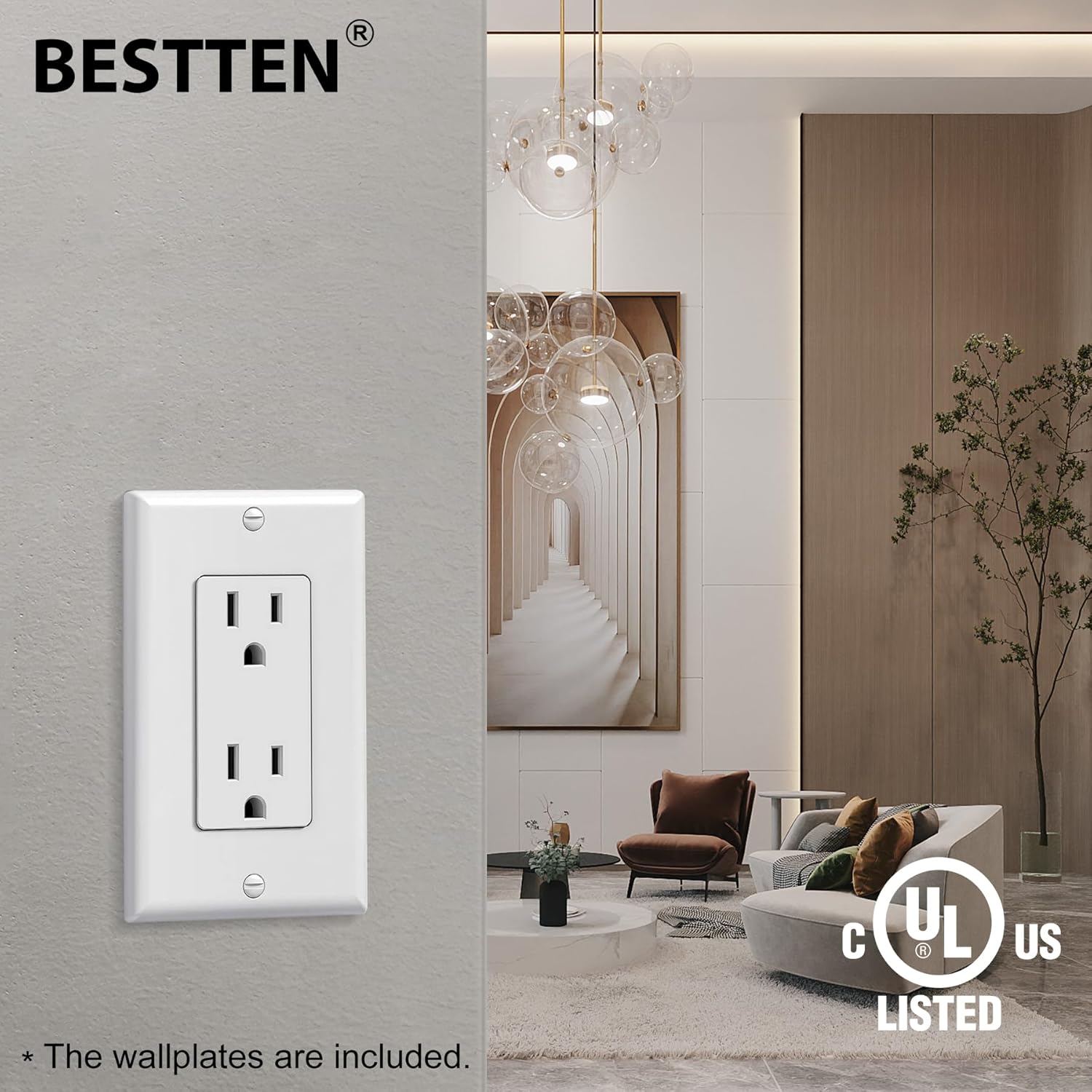 BESTTEN Toma de pared decorativa de 15 amperios, receptáculo no resistente a manipulaciones, placa de pared incluida, 15A125V1875W, certificación