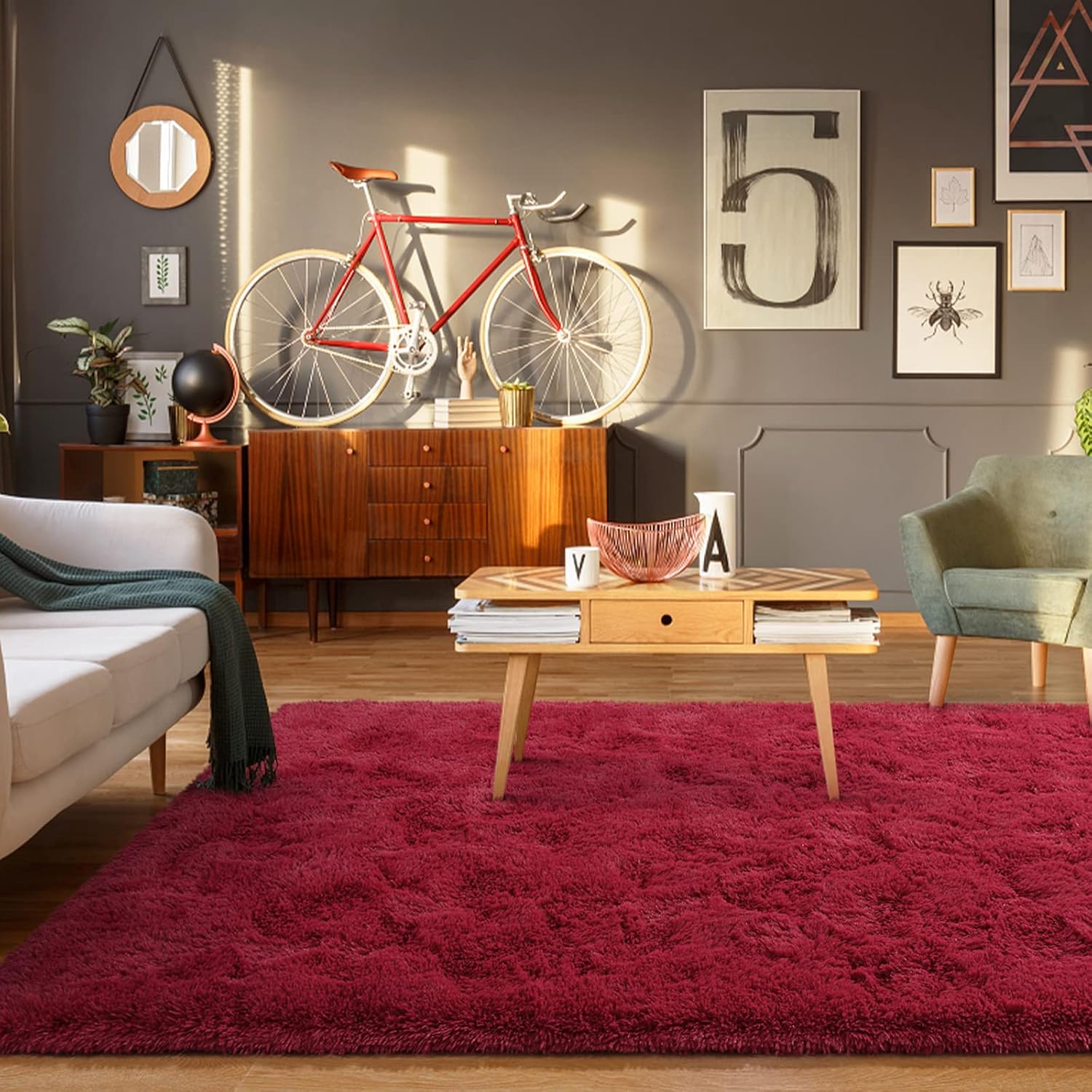Alfombra de sala de estar, alfombra de área de 6 x 9 pies, color rojo vino, alfombras esponjosas para dormitorio, alfombras peludas para habitación
