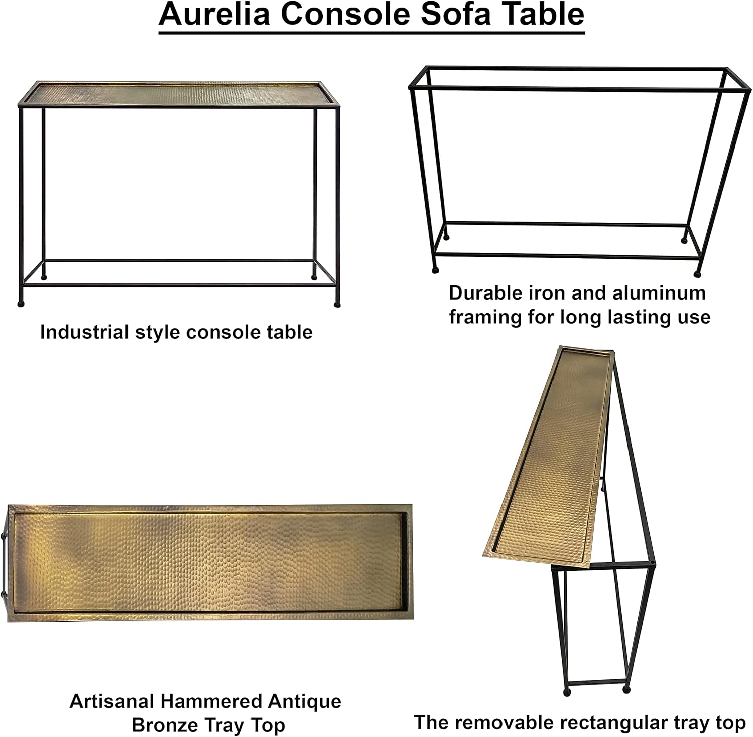 The Urban Port Aurelia – Mesa de sofá consola de 48 pulgadas, bandeja de bronce antiguo martillada artesanal, marco industrial de hierro negro