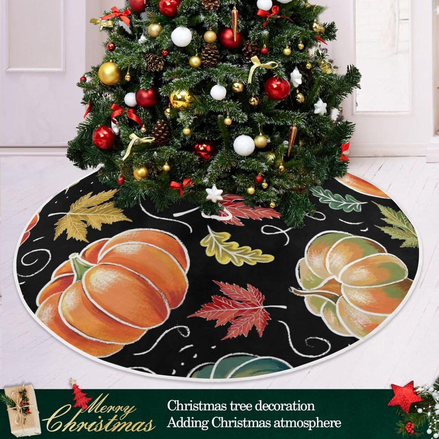 Pumpkin Falling Leaves Xmas Tree Skirt, Tree Skirt Decorations, 47.2 in Tree Skirt Washable, Fall Decoration