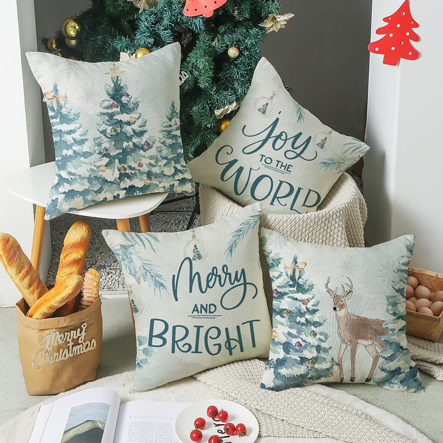 Juego de 4 fundas de almohada de Navidad de 18 x 18 pulgadas, decoración de Navidad, árbol de Navidad, renos, fundas de cojín de casa de campo para