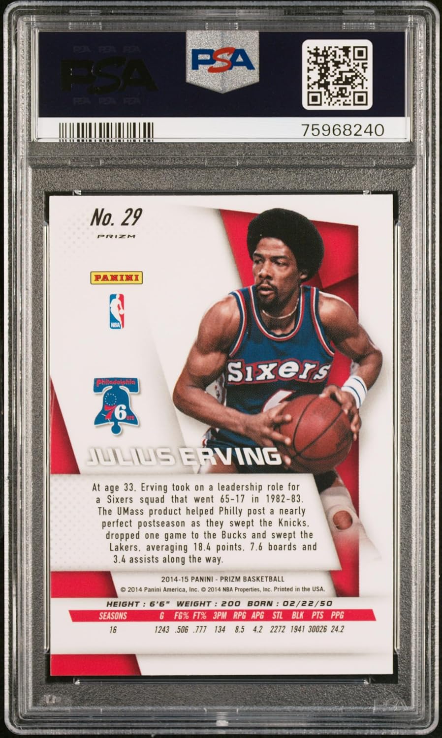 Julius Erving 2014 Panini Silver Prizm SP Signed Card #29 Auto PSA 75968240