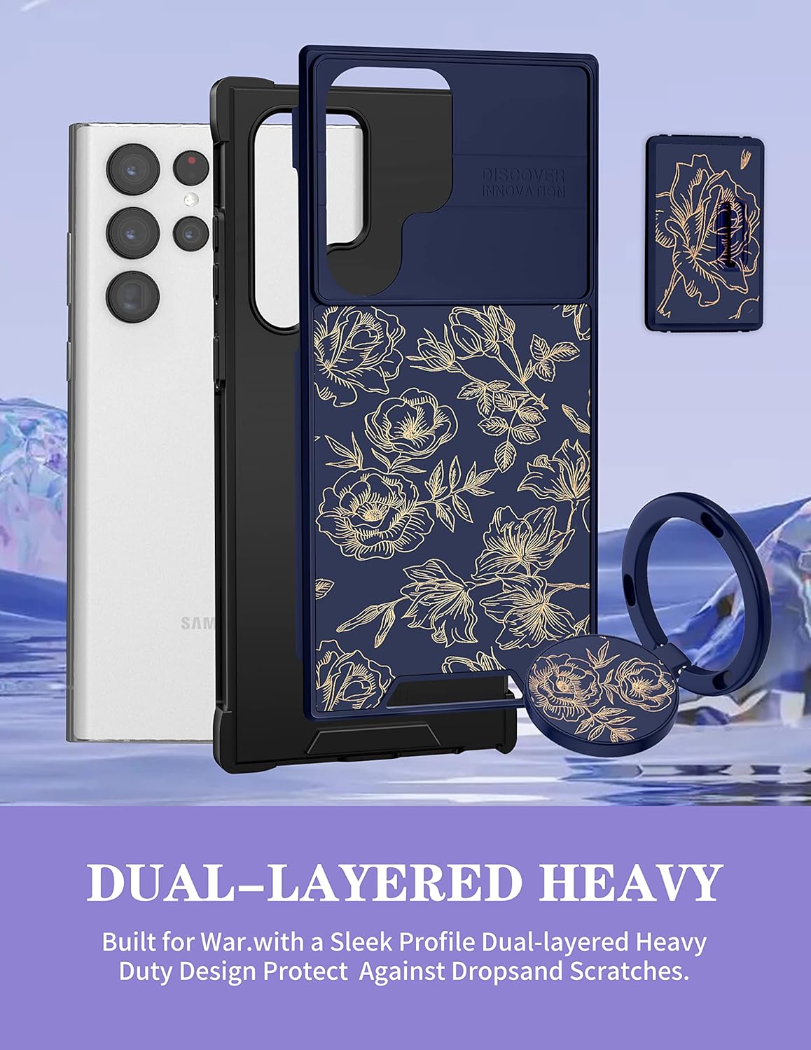 Goocrux Funda 2 en 1 para Samsung Galaxy S23 Ultra con flores florales para mujeres y niñas, diseño femenino de flores doradas con cubierta