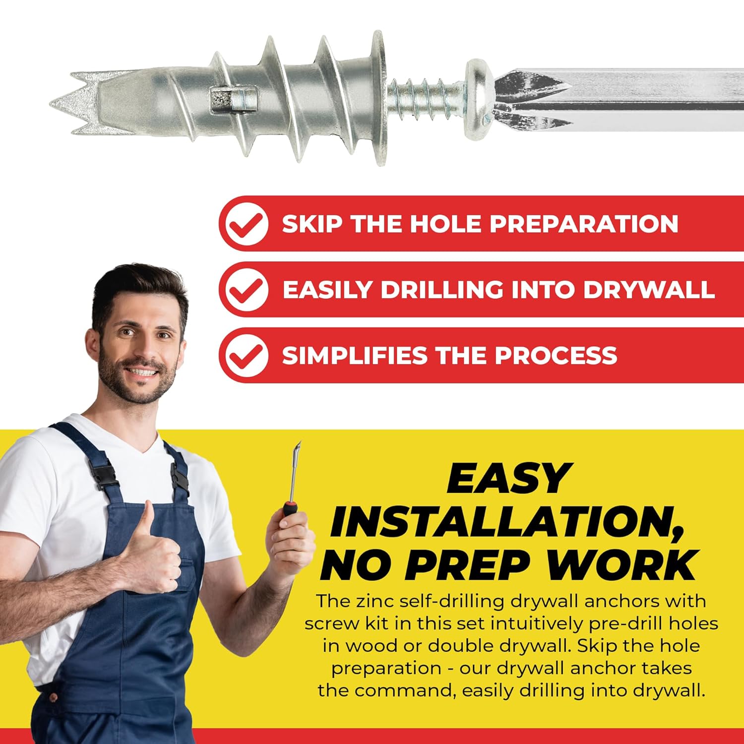 Qualihome Kit de anclaje de pared hueca de zinc autoperforante con tornillos, anclajes de metal autoperforantes para paneles de yeso con aletas de