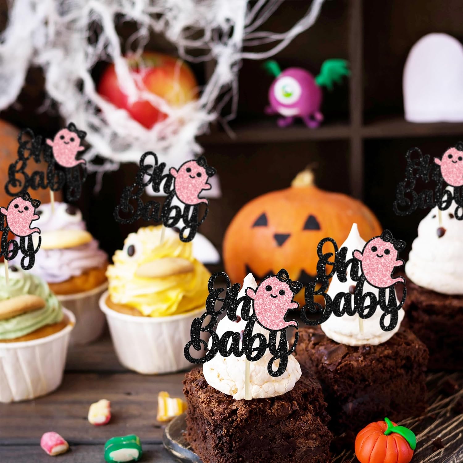 24 adornos para cupcakes Ghost Oh Baby con purpurina negra para Halloween, baby shower, decoración de cupcakes de Halloween para baby shower,