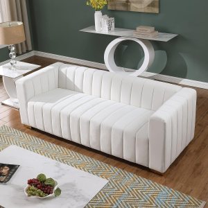 KIVENJAJA Sofá de 3 plazas de terciopelo capitonado con canal con 2 almohadas, brazos cuadrados y patas de metal dorado para sala de estar, KIVENJAJA Sofá de 3 plazas de terciopelo capitonado con canal con 2 almohadas, brazos cuadrados y patas de metal dorado para sala de estar,