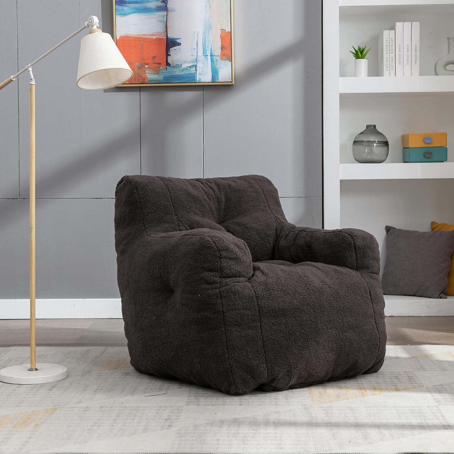 Hommoo Puf grande para adultos con reposabrazos, cómodo puf con relleno de espuma, esponjoso, tela de peluche suave, puf copetudo para dormitorio,