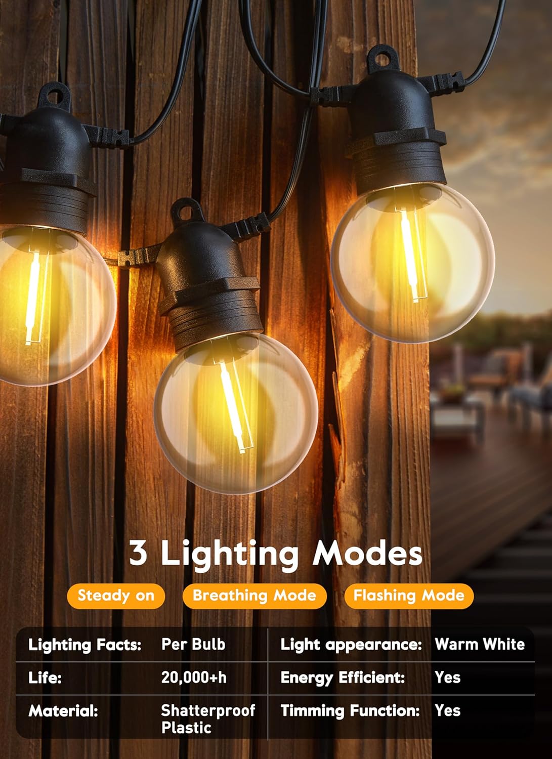 Brightown Tira de luces solares para exteriores de 34 pies  LED G40 Pro Globe Patio ahorro de energía con 11 bombillas inastillables, 3 modos de