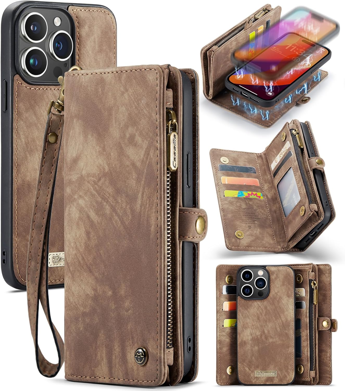 Kowauri Funda tipo cartera para iPhone 15 Pro Max, con cremallera, de piel con tarjetero y correa para la muñeca, desmontable, magnética, a prueba