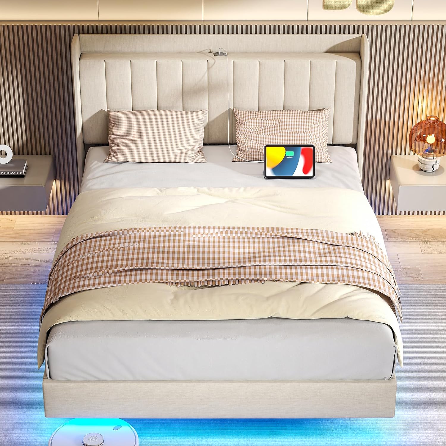 Saudism Marco de cama tapizado tamaño Queen, marco de cama flotante con cabecera de almacenamiento con respaldo de ala, puertos tipo C y USB, luces