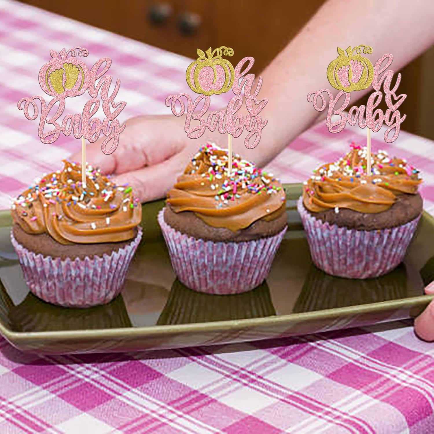 Paquete de 24 adornos para cupcakes de calabaza Oh Baby con purpurina para revelación de género, palillos de dientes, decoración de pastel de baby