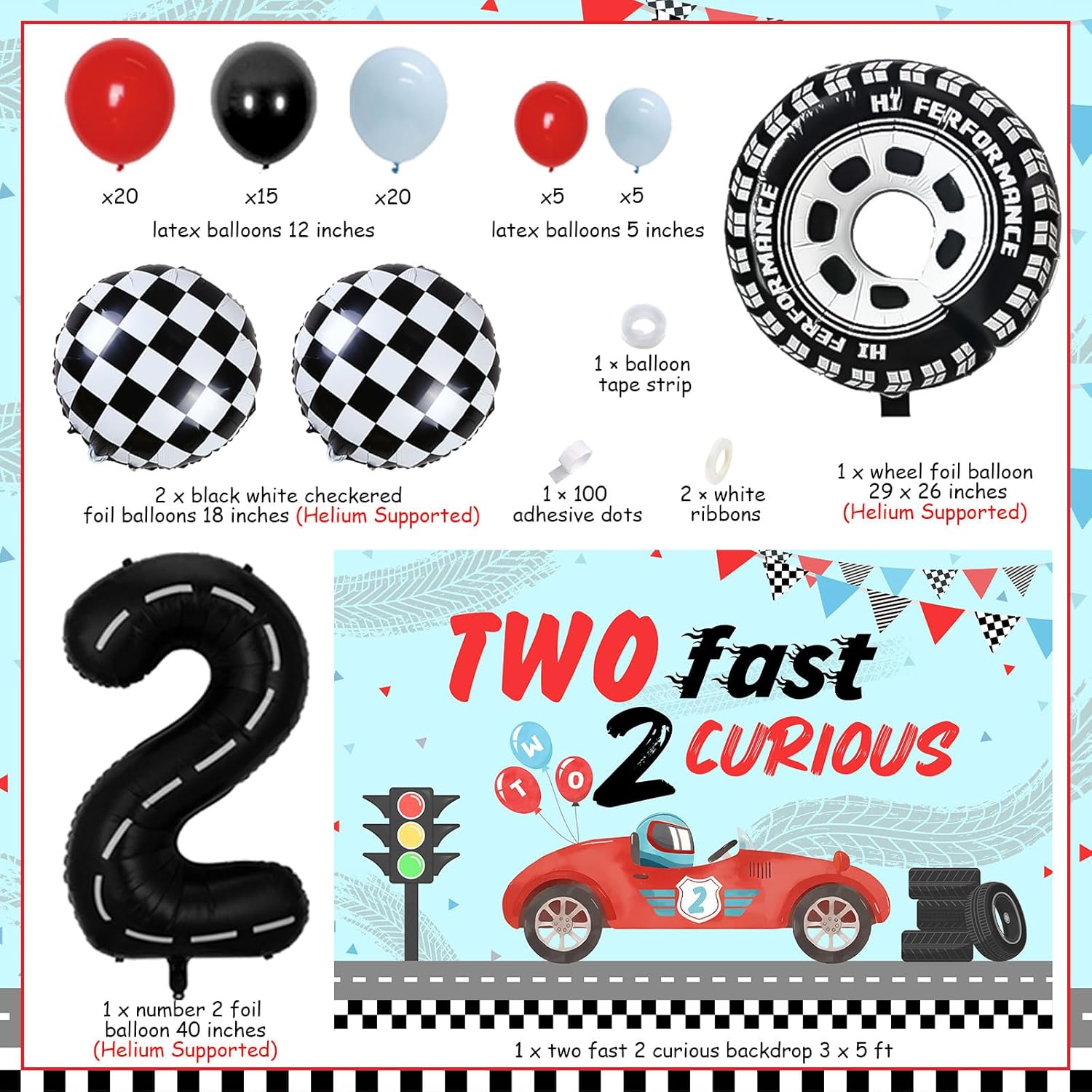 Two Fast Two Curious – Decoraciones de cumpleaños para niño, decoración de segundo cumpleaños de coche de carreras, retro, rojo, negro, azul, arco