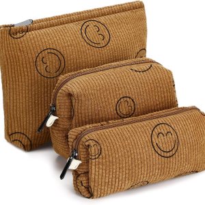 Oudain 3 bolsas de maquillaje de cara sonriente, bolsa de cosméticos de pana, 3 tamaños, bolsas de maquillaje estéticas para mujeres, adolescentes y Oudain 3 bolsas de maquillaje de cara sonriente, bolsa de cosméticos de pana, 3 tamaños, bolsas de maquillaje estéticas para mujeres, adolescentes y