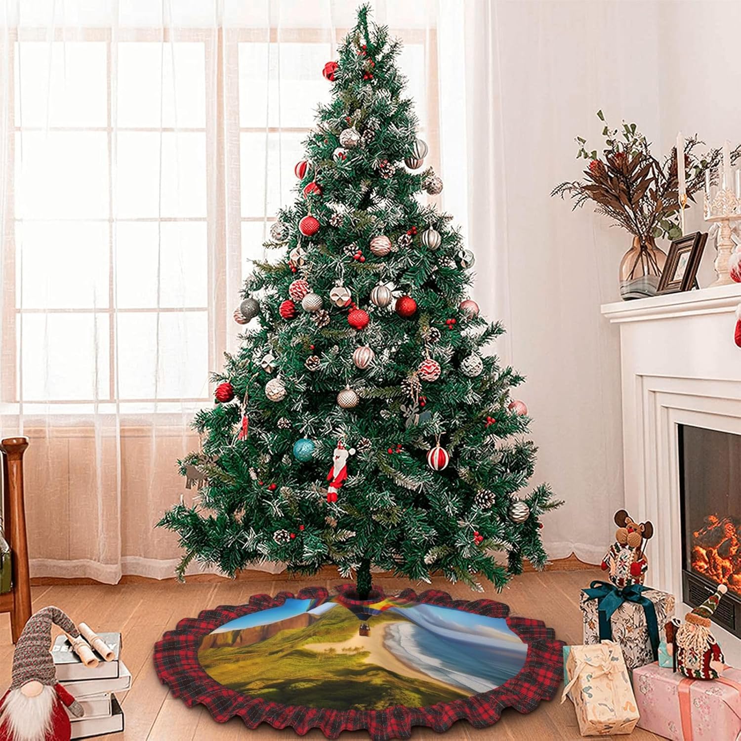 Falda de árbol de Navidad con globos aerostáticos de Hawái, con cordones, a cuadros, vintage, para decoración de árbol de Navidad, fiesta de