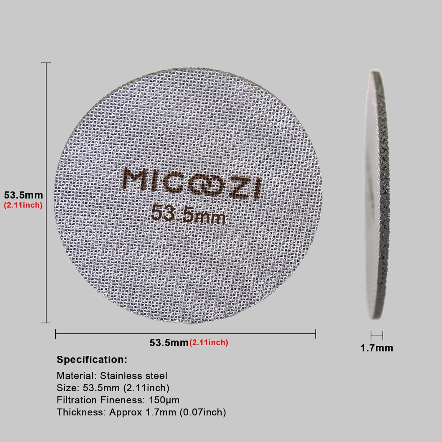 Pantalla de disco de café espresso de 2.106 in, reutilizable, 0.067 in de grosor, acero inoxidable de 100 m, placa de malla de filtro de café