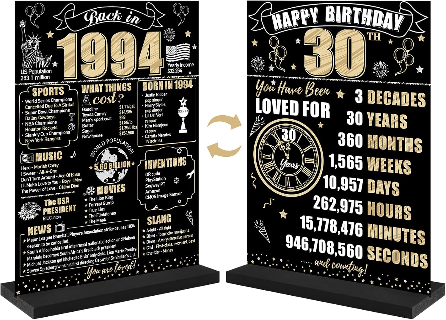 Letrero de mesa de 30 cumpleaños con texto en inglés “Back in 1994” para hombres y mujeres, póster de mesa de madera de dos caras con soporte para