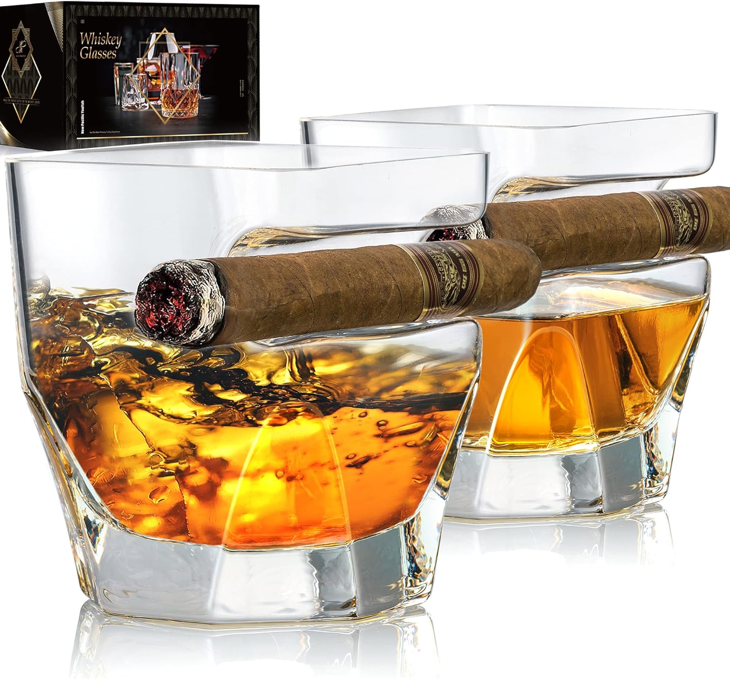 YouYah – Juego de 2 vasos de whisky de cigarros con soporte para puros, juego de vasos de whisky de cristal con reposo para puros para brandy,