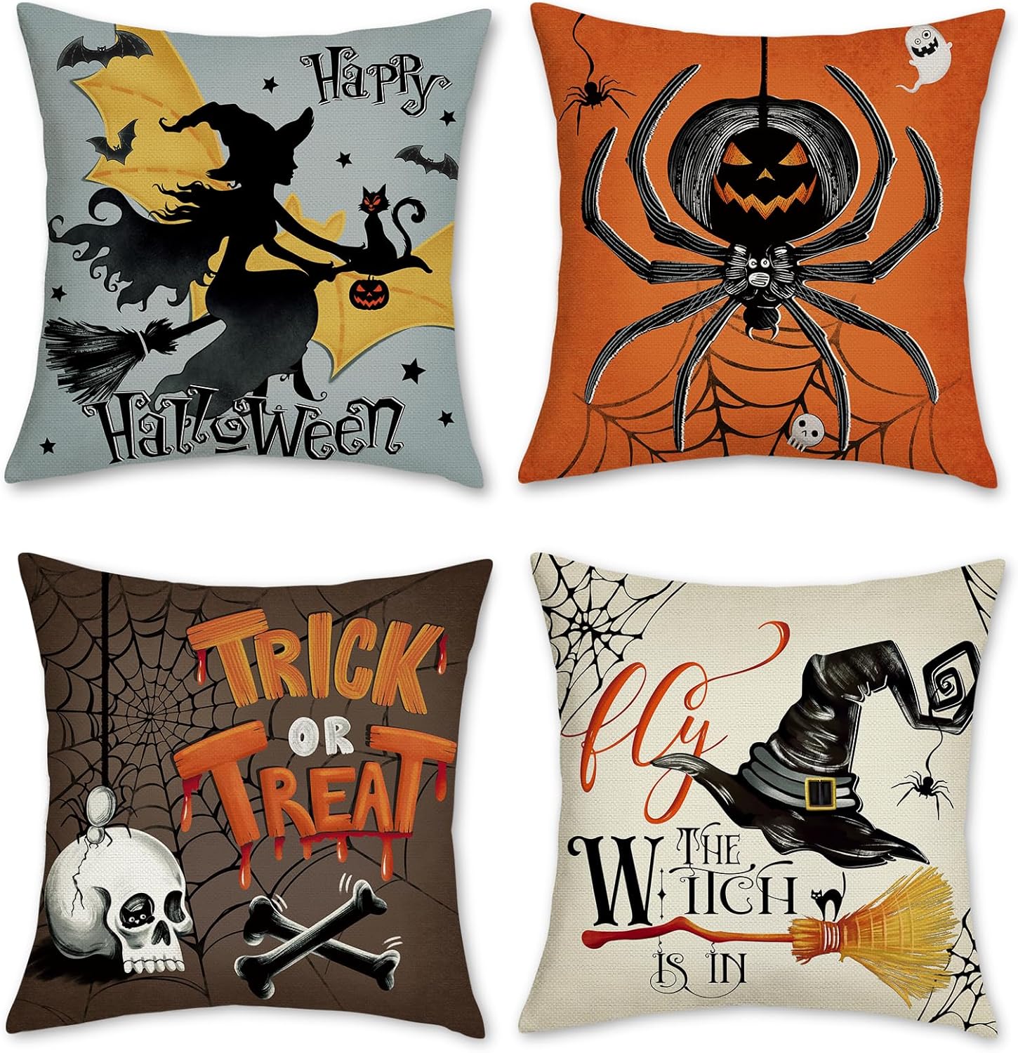 Bonhause Juego de 4 fundas de almohada de Halloween de 18 x 18 pulgadas, diseño de bruja y araña, cráneo, dulce o truco, almohadas decorativas para
